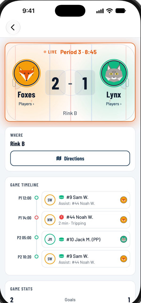 A live game with its timeline: goals with scorers and assists, and a penalty