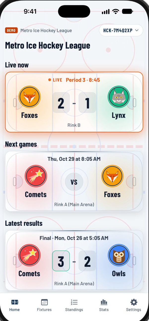 League home: a live game, Foxes 2 Lynx 1 in the 3rd period, the next game and the latest result