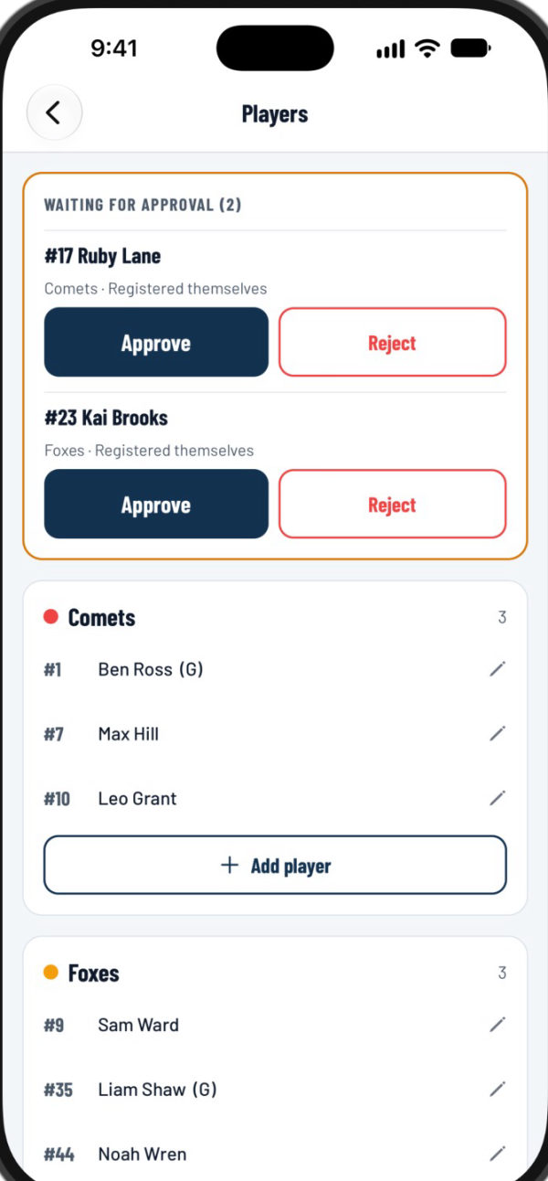 Players: two new players waiting for approval with Approve and Reject buttons, then each team's list