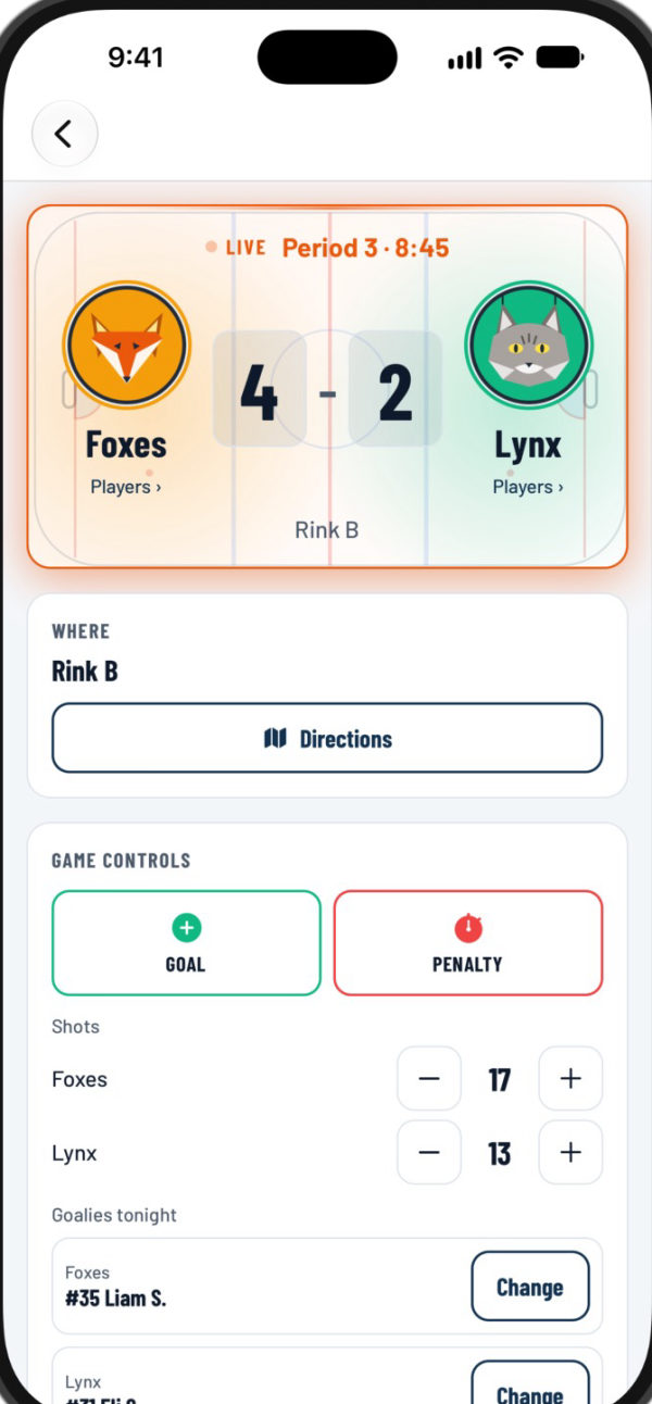 A live game for the scorekeeper: Foxes 4 Lynx 2, with Goal and Penalty buttons, shots for each team and tonight's goalies