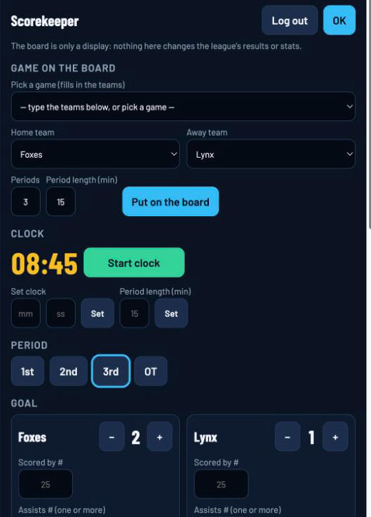The scorekeeper panel: pick the game, home and away teams, start or set the clock, choose the period and add goals